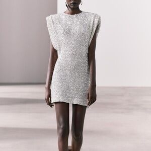 Zara ZW Collection Sequinned Dress Shoulder Pads Silver Size L